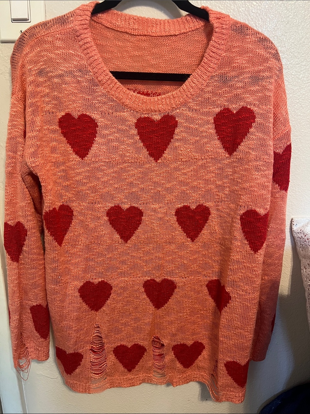 Pink Knit distressed Heart-Print Sweater